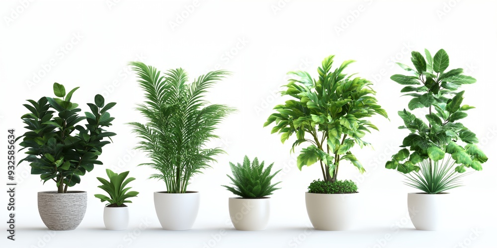 A row of potted plants with different sizes and shapes. The plants are arranged in a row, with the tallest one in the middle and the shortest one on the far left. The plants are all green A row of potted plants with different sizes and shapes. The plants are arranged in a row, with the tallest one in the middle and the shortest one on the far left. The plants are all green