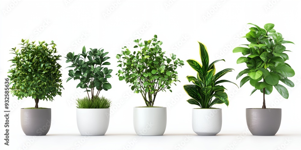 A row of potted plants with different sizes and shapes. The plants are arranged in a row, with the tallest one in the middle and the shortest one on the far left. The plants are all green A row of potted plants with different sizes and shapes. The plants are arranged in a row, with the tallest one in the middle and the shortest one on the far left. The plants are all green