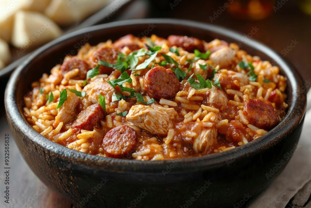 A close-up of a bowl of jambalaya with chicken and sausage. A close-up of a bowl of jambalaya with chicken and sausage.