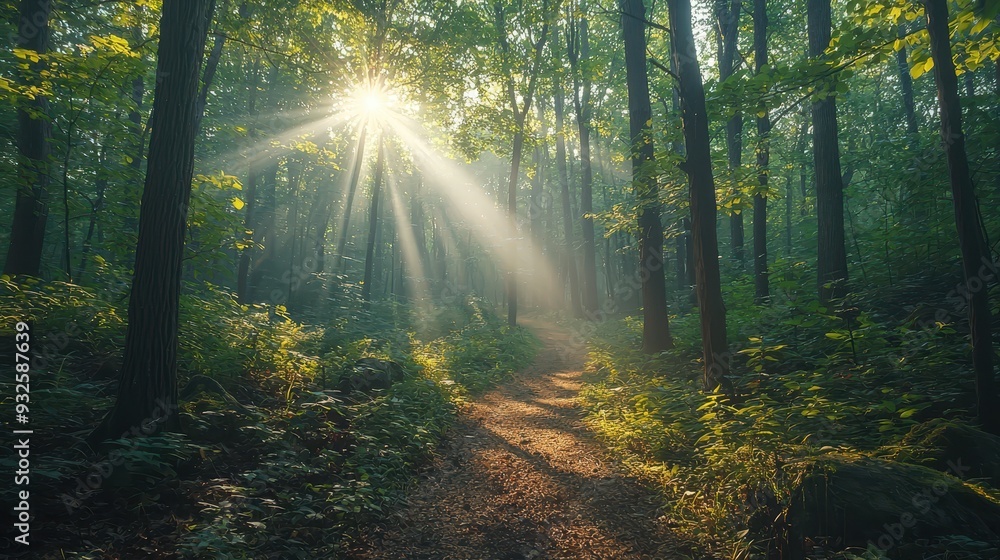 Obraz premium Sunbeams through Forest Trees on Path