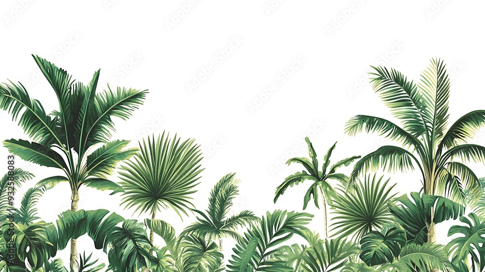 Lush green tropical palm trees, isolated on white background, with copy space for text. Lush green tropical palm trees, isolated on white background, with copy space for text.