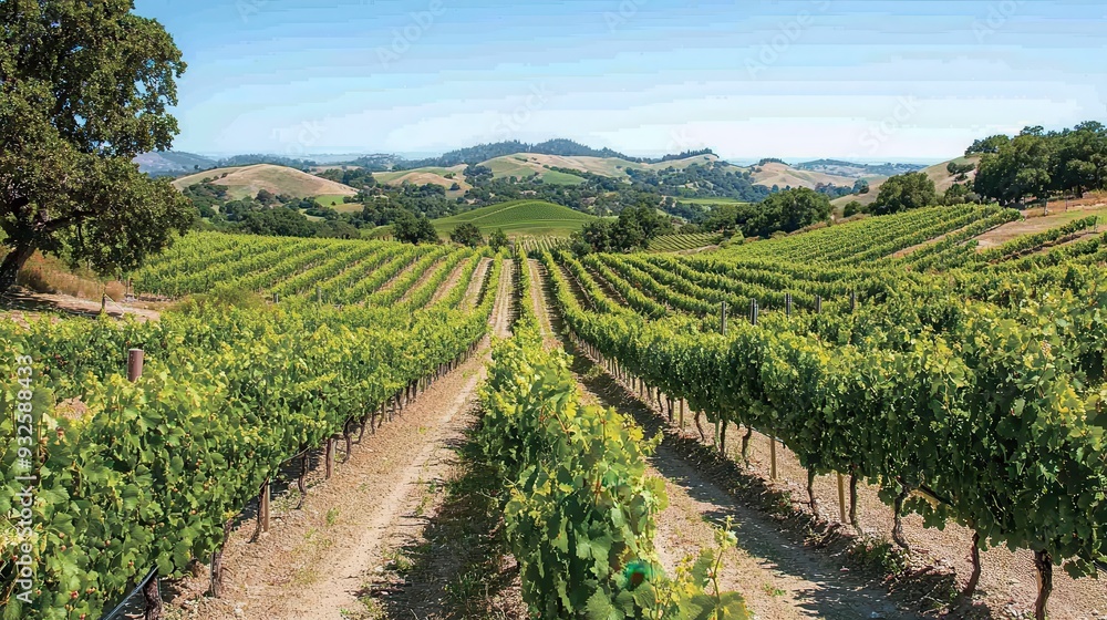 Vineyard Landscape with Rolling Hills and Lush Green Vines Vineyard Landscape with Rolling Hills and Lush Green Vines