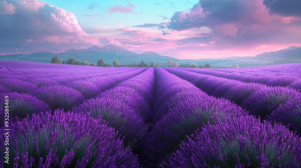 Lavender Field at Sunset with Mountains in the Background Lavender Field at Sunset with Mountains in the Background