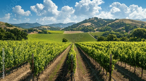 Vineyard Rows under Blue Sky with Hills in Background