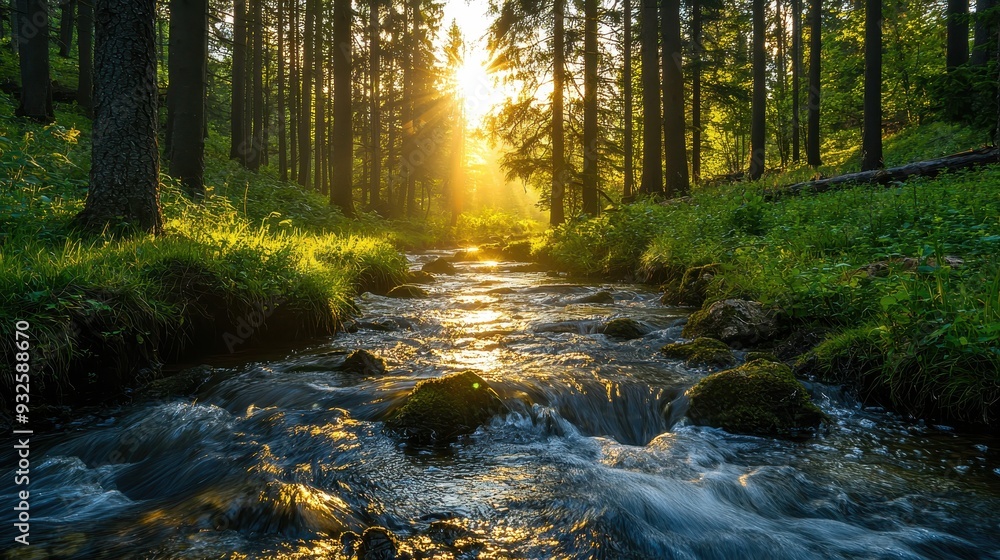 Sunbeams Through Trees Illuminating Forest Stream Sunbeams Through Trees Illuminating Forest Stream