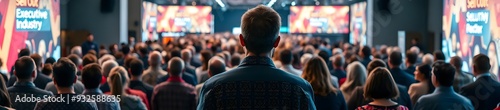 A bustling crowd of people walking down a street, captured as an audience at a convention or sold-out event, with a man sitting and facing away from the camera