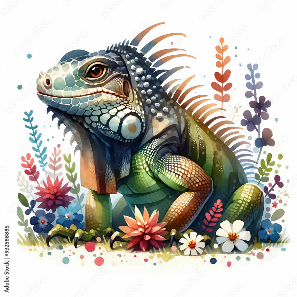 Fototapeta premium Iguana floral illustration, cute reptile lizard flower art