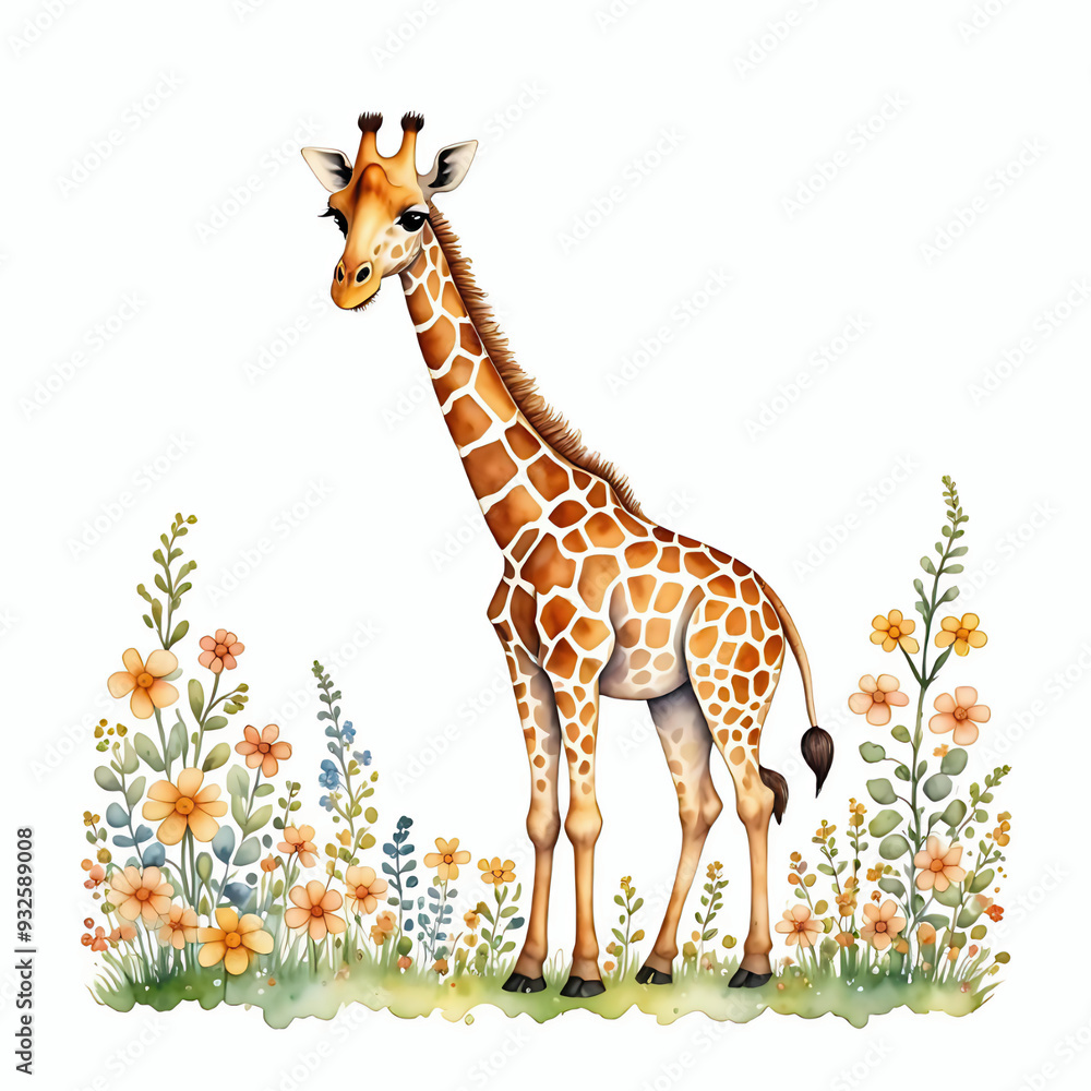 Fototapeta premium Floral giraffe illustration, cute wild giraffe surrounded by flowers