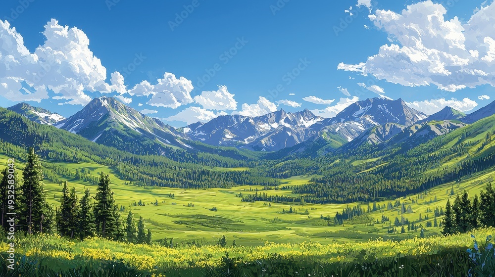 Mountain Valley Meadow Landscape with Blue Sky and Clouds Mountain Valley Meadow Landscape with Blue Sky and Clouds