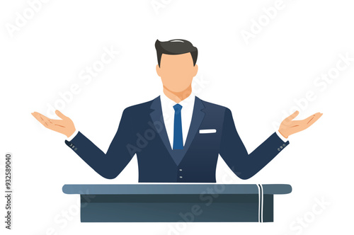 Presentation, personality and business concept. A businessman gives an interview, and public speaking at the podium. AI-Geneated. Vector.