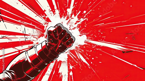 A clenched fist bursting through a red and white abstract background.