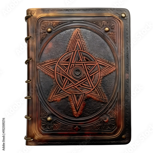 Antique Leather-Bound Spellbook with Ornate Pentagram Emblem on Cover