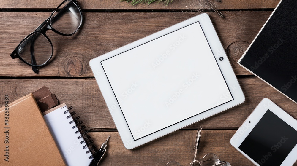Tablet on Wooden Table Mockup Tablet on Wooden Table Mockup