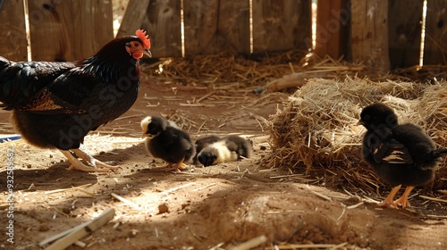 Wildlife encounter between a hen and her chicks in a farmyard photo