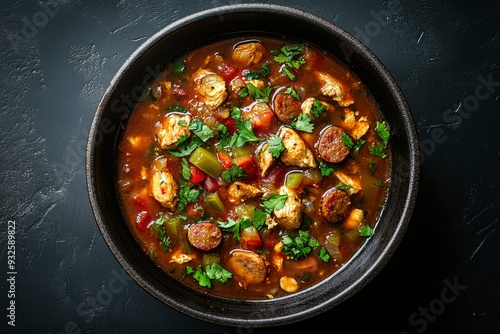 Chicken and Andouille Sausage Gumbo in a Black Bowl