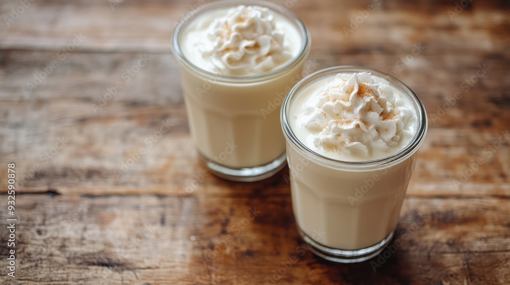 Two Glasses of Creamy White Drink with Whipped Cream and Cinnamon Two Glasses of Creamy White Drink with Whipped Cream and Cinnamon