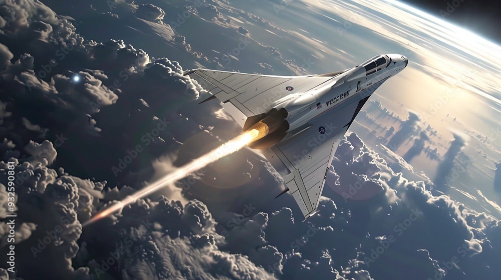 Futuristic hypersonic aircraft soaring through the clouds, leaving a ...