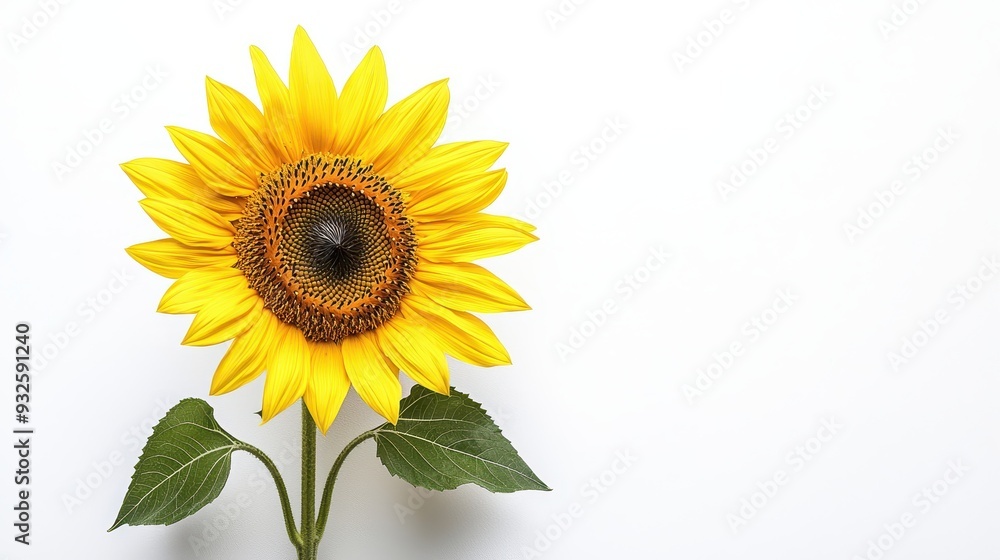 Fototapeta premium Single Sunflower Flower with Green Leaves on White Background