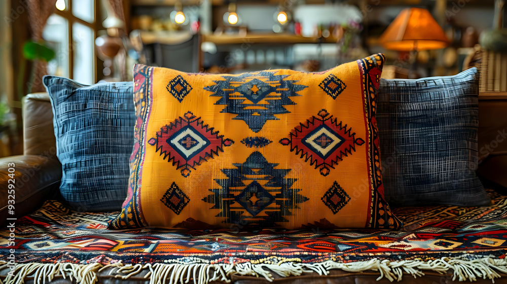 Colorful Bohemian Pillow on a Sofa with a Fringed Throw Colorful Bohemian Pillow on a Sofa with a Fringed Throw
