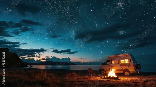 A campervan parked on a beach at night with a fire in front of it. The sky is full of stars and there are clouds in the background. The fire is casting a warm glow on the sand.