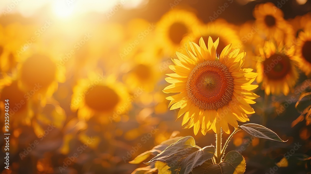 Naklejka premium Sunlit Sunflower Field at Sunset Summer Bloom Golden Yellow Flowers