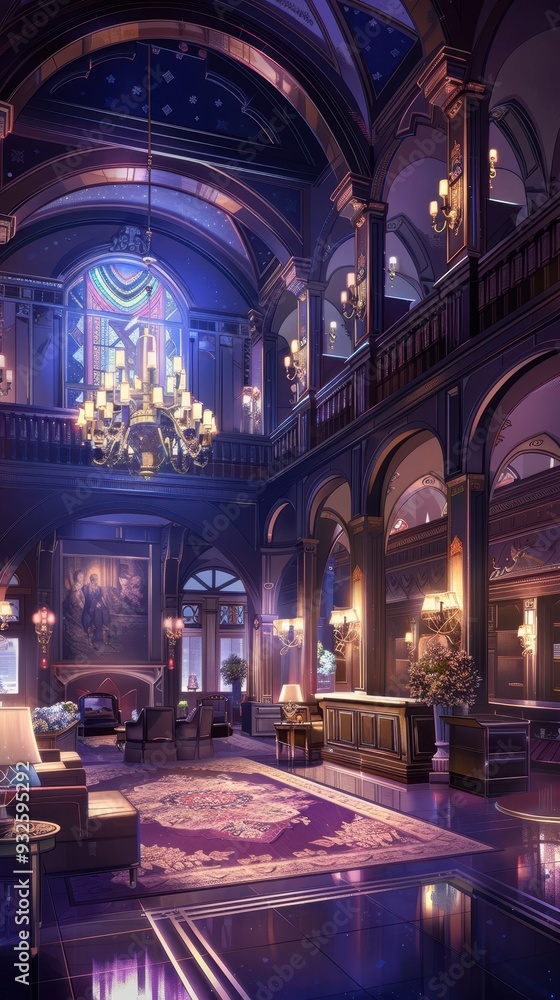 Fototapeta premium Opulent hotel interior showcases high ceilings, intricate arches, and stylish furnishings, creating a lavish atmosphere for guests