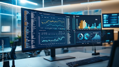 first person view of a financial dashboard on a monitor with performance graphs, showcasing real-time budget monitoring and goal tracking, copy space for text,