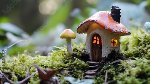 Miniature fairy house with glowing windows and a mushroom roof, nestled amongst green moss and a single mushroom in a forest setting. photo