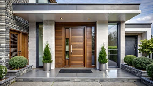 Wallpaper Mural Modern house entrance with wooden door and grey brick walls. Torontodigital.ca