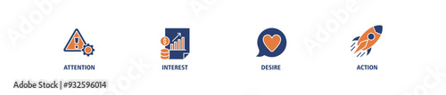 AIDA banner web icon set vector illustration concept for attention interest desire action with icon of promotion, target, vision, store, ecommerce, and buying icons live stroke and easy to edit