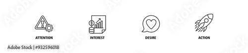 AIDA banner web icon set vector illustration concept for attention interest desire action with icon of promotion, target, vision, store, ecommerce, and buying icons live stroke and easy to edit