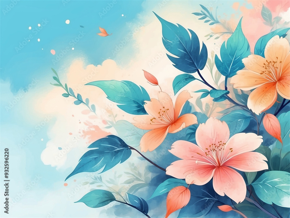 watercolor background with flowers and leaves watercolor background with flowers and leaves