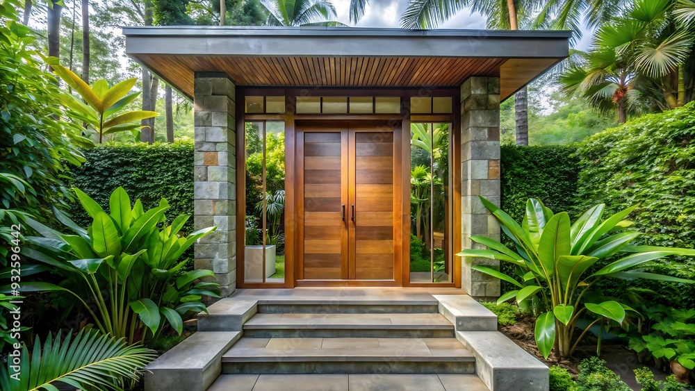 Modern Wooden Door Entrance with Stone Steps and Lush Tropical Greenery. Modern Wooden Door Entrance with Stone Steps and Lush Tropical Greenery.