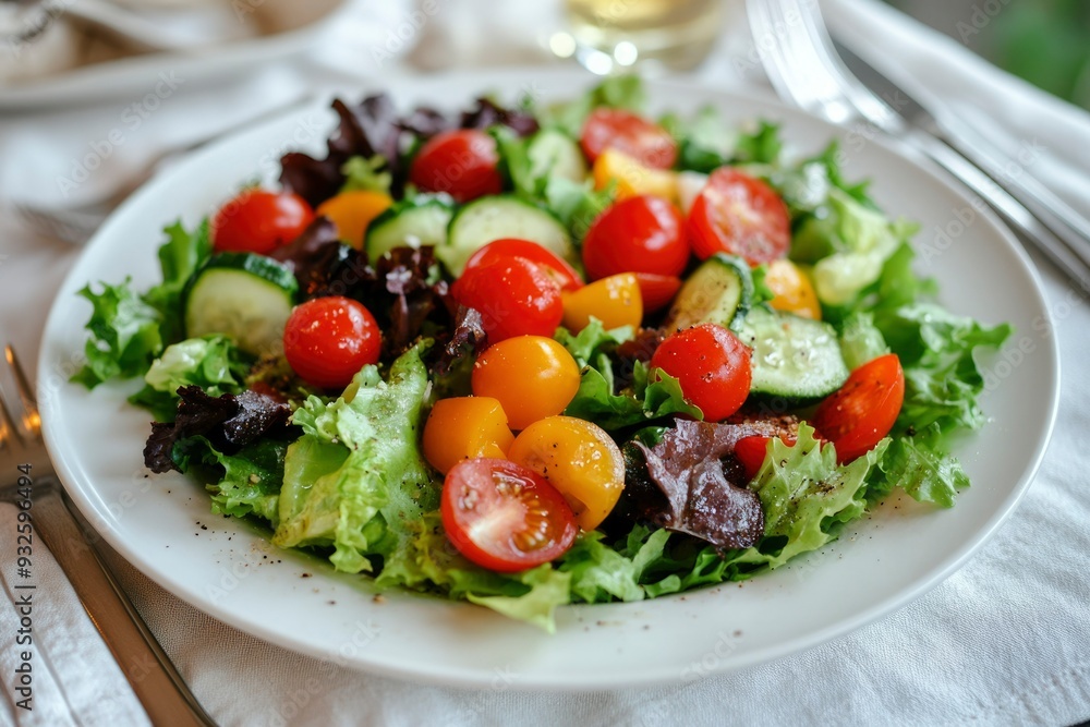 Fresh Green Salad with Cherry Tomatoes, Cucumber, and Yellow Tomatoes Fresh Green Salad with Cherry Tomatoes, Cucumber, and Yellow Tomatoes