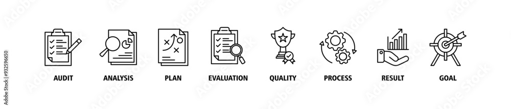 Assessment banner web icon set vector illustration for accreditation and evaluation method on business and education with audit, analysis, plan, evaluation, quality, process, results and goal symbol Assessment banner web icon set vector illustration for accreditation and evaluation method on business and education with audit, analysis, plan, evaluation, quality, process, results and goal symbol