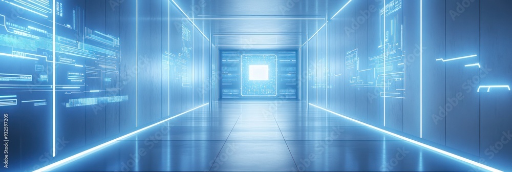 Futuristic Hallway with Blue Neon Lights and a Digital Interface Futuristic Hallway with Blue Neon Lights and a Digital Interface