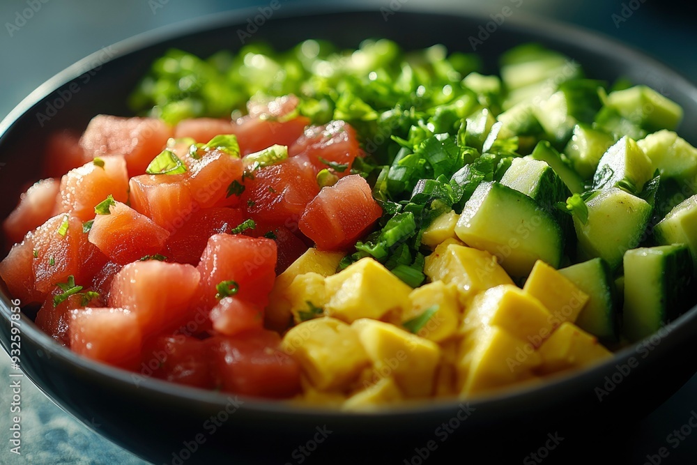 Bowl of Diced Salmon, Cucumber, Mango, and Green Onions Bowl of Diced Salmon, Cucumber, Mango, and Green Onions