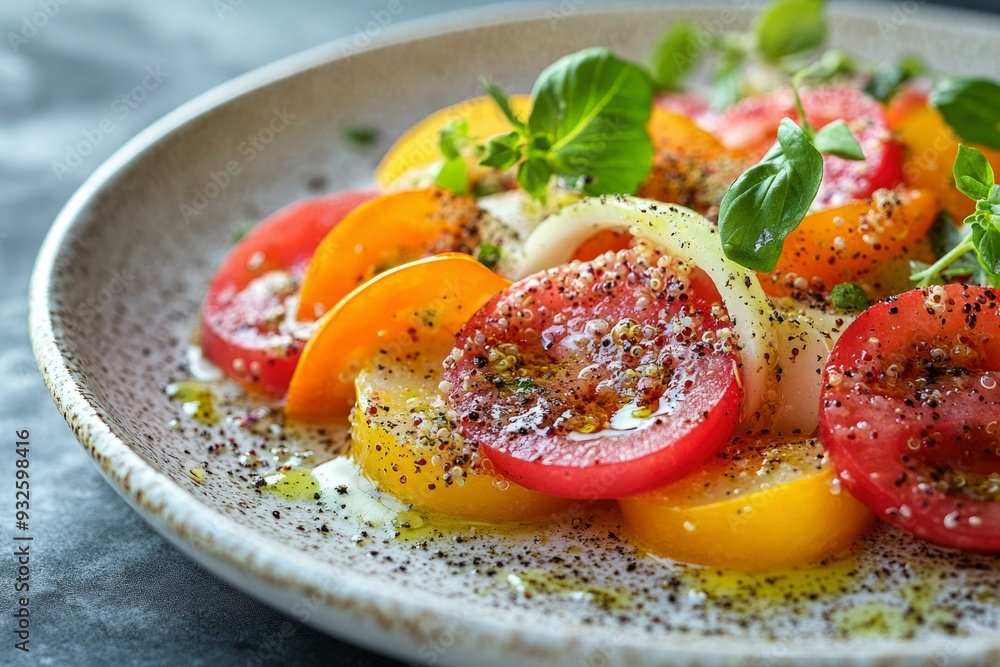 Close-up of Sliced Tomatoes with Basil and Seasoning on a Plate Close-up of Sliced Tomatoes with Basil and Seasoning on a Plate
