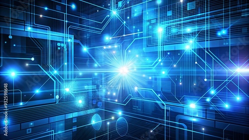 Abstract Technology Background with Blue Lines and Glowing Lights.