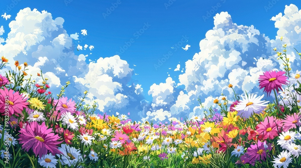 Colorful Wildflowers Field Blue Sky with Fluffy Clouds Summer Nature Daisy Flowers Colorful Wildflowers Field Blue Sky with Fluffy Clouds Summer Nature Daisy Flowers