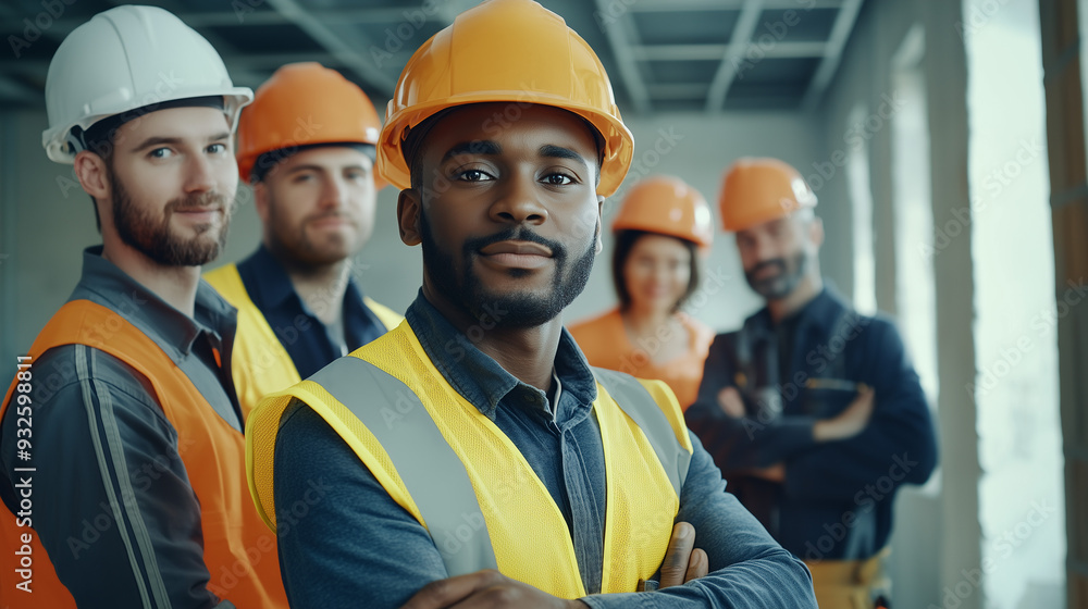 Diverse Team in Workwear and Hard Hats Transforming Interiors with Modern Masonry for Labor Day Diverse Team in Workwear and Hard Hats Transforming Interiors with Modern Masonry for Labor Day