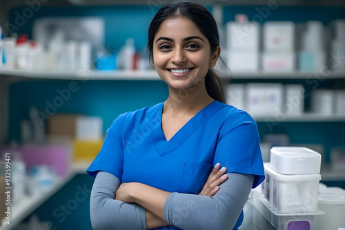 Attractive Indian Female Nurse in Blue Scrubs Smiling in Laboratory with Arms Crossed, Wearing Grey Long Sleeves