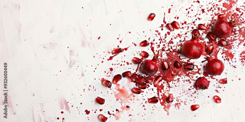 Pomegranate Seeds and Red Watercolor Strokes on White Surface Pomegranate Seeds and Red Watercolor Strokes on White Surface