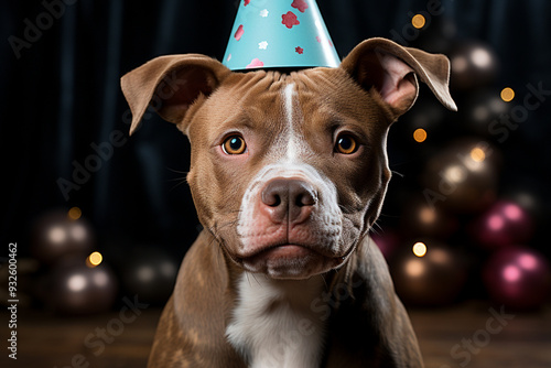 Portrait of a beautiful brown and white pitbull dog, wearing a blue birthday cone hat with paw prints, celebrating at a birthday party, generative AI.