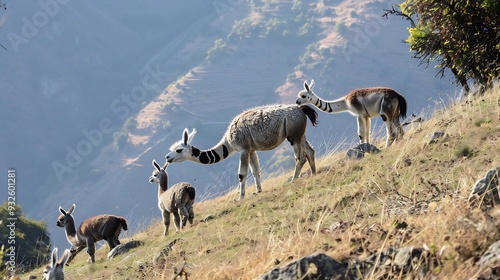 Wildlife image of a family of llamas grazing on a hillside photo