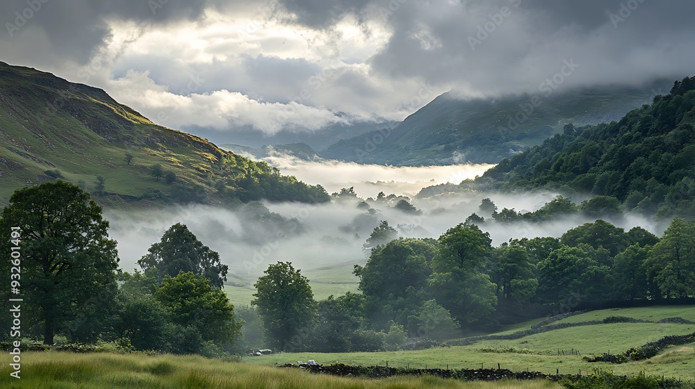 Obraz premium Misty valley with sunlight breaking through the clouds.