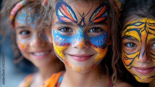 Three girls with colorful face paint butterfly and tiger designs