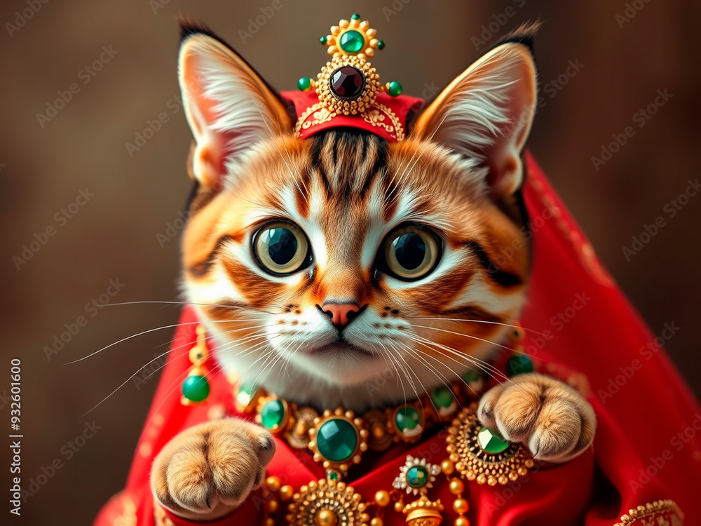 One cat, round eyes, with a playful and lively expression. It wears a red veil, dotted with gold ornaments and green gems, and wears gorgeous gold ornaments and jewels on its neck - generated by ai One cat, round eyes, with a playful and lively expression. It wears a red veil, dotted with gold ornaments and green gems, and wears gorgeous gold ornaments and jewels on its neck - generated by ai