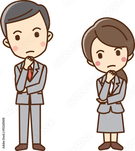 Illustration of a man and woman in business suits with their hands on their chins and their heads tilted back.