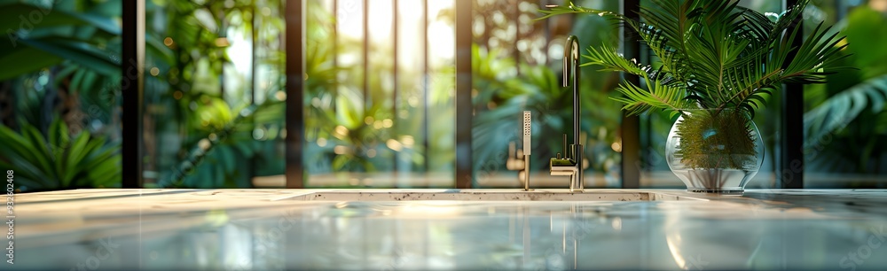 a bathroom sink with a plant in it and a mirror behind it a bathroom sink with a plant in it and a mirror behind it